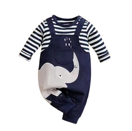 The Leonel - Baby Boy Elephant Striped Long Sleeved Romper