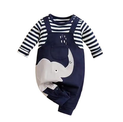 The Leonel - Baby Boy Elephant Striped Long Sleeved Romper