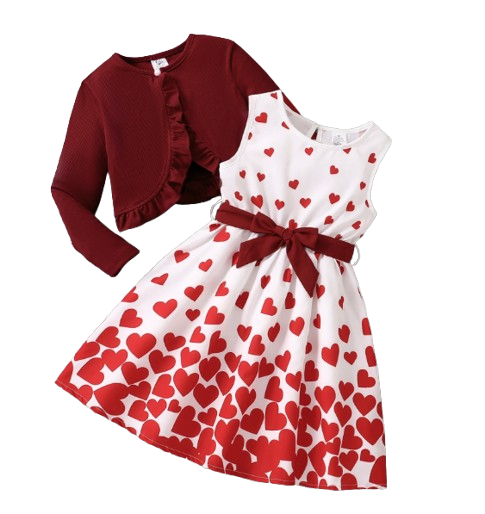 The Dahlia - Baby Girl Two-Piece Set Red Vest Heart-Shaped Floral Skirt
