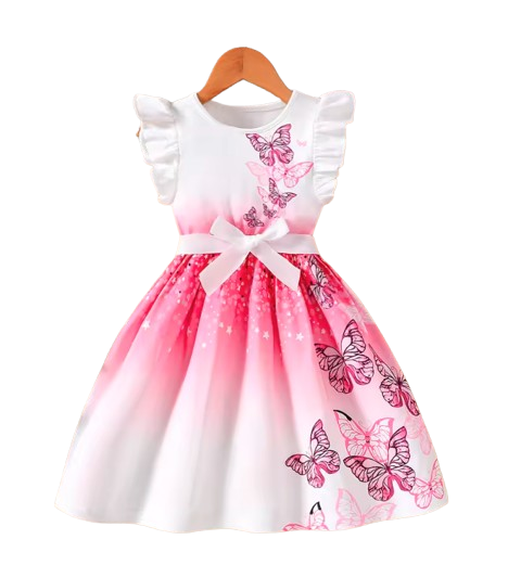 The Diana - Baby Girl Pink Round Neck Flutter Sleeve Ruffle Dress with Butterfly Digital Print