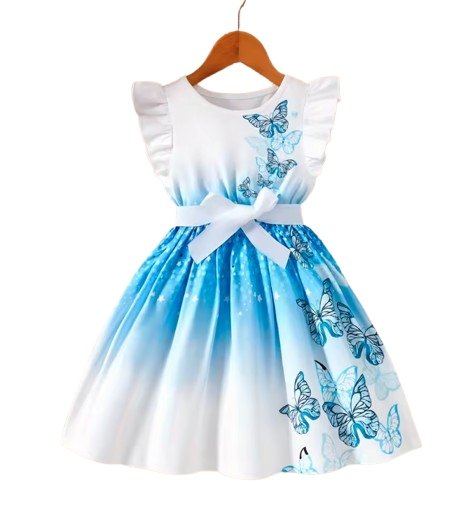 The Diana - Baby Girl Blue Round Neck Flutter Sleeve Ruffle Dress with Butterfly Digital Print