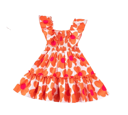 The Reagan - Baby Girl Orange Floral Fly Sleeve Sleeveless Princess Dress