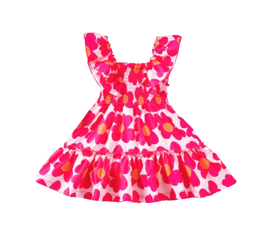 The Reagan - Baby Girl Dark Pink Floral Fly Sleeve Sleeveless Princess Dress