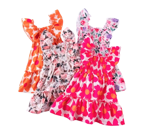 The Reagan - Baby Girl Dark Pink Floral Fly Sleeve Sleeveless Princess Dress