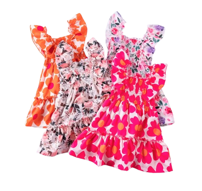 The Reagan - Baby Girl Dark Pink Floral Fly Sleeve Sleeveless Princess Dress