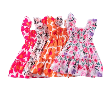 The Reagan - Baby Girl Dark Pink Floral Fly Sleeve Sleeveless Princess Dress