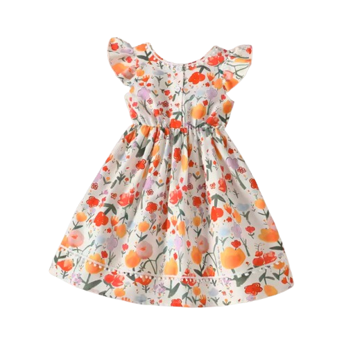 The Kimberly - Baby Girl Flower Print Small Flying Sleeve Holiday Style Dress