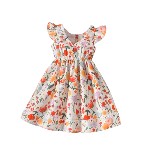 The Kimberly - Baby Girl Flower Print Small Flying Sleeve Holiday Style Dress