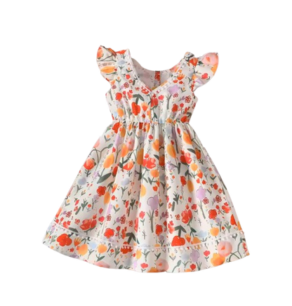 The Kimberly - Baby Girl Flower Print Small Flying Sleeve Holiday Style Dress