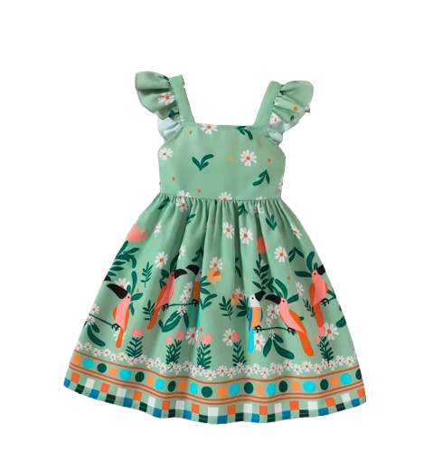 The Faith - Baby Girl Green Small Fly Sleeve Plants and Animal Print Dress