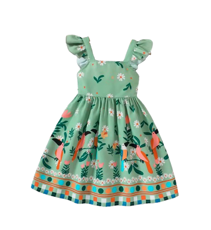 The Faith - Baby Girl Green Small Fly Sleeve Plants and Animal Print Dress