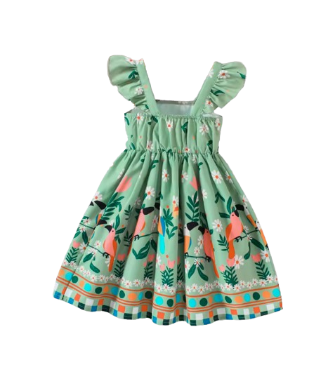 The Faith - Baby Girl Green Small Fly Sleeve Plants and Animal Print Dress