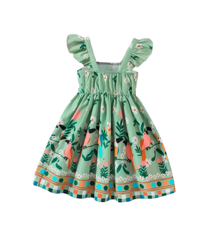 The Faith - Baby Girl Green Small Fly Sleeve Plants and Animal Print Dress