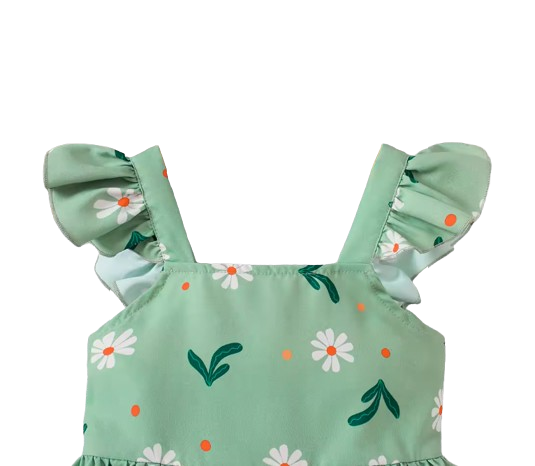 The Faith - Baby Girl Green Small Fly Sleeve Plants and Animal Print Dress