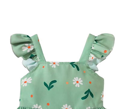 The Faith - Baby Girl Green Small Fly Sleeve Plants and Animal Print Dress