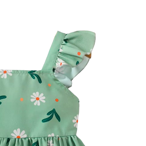 The Faith - Baby Girl Green Small Fly Sleeve Plants and Animal Print Dress
