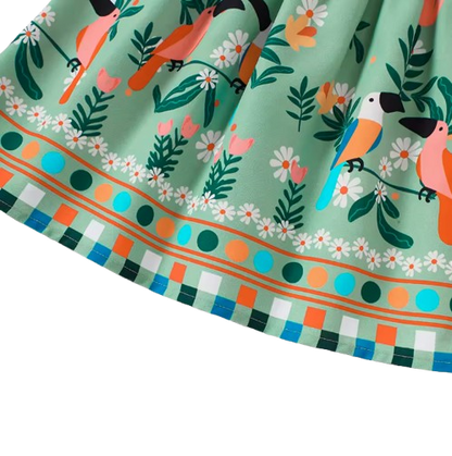 The Faith - Baby Girl Green Small Fly Sleeve Plants and Animal Print Dress