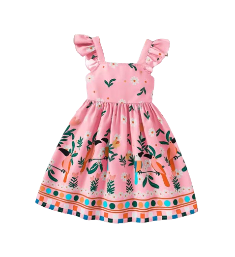 The Faith - Baby Girl Pink Small Fly Sleeve Plants and Animal Print Dress