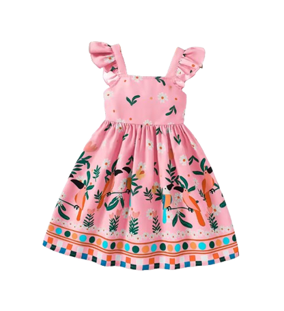 The Faith - Baby Girl Pink Small Fly Sleeve Plants and Animal Print Dress