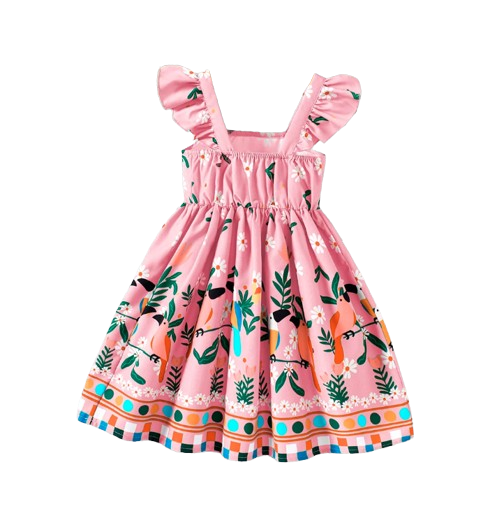 The Faith - Baby Girl Pink Small Fly Sleeve Plants and Animal Print Dress