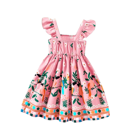 The Faith - Baby Girl Pink Small Fly Sleeve Plants and Animal Print Dress