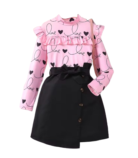 The Juliana - Baby Girl Pink Love Long Sleeve & Half Skirt Two Piece Set