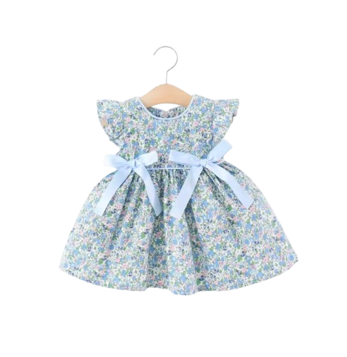 The Noa - Baby Girl Blue Floral Baby Sweet Bow Dress
