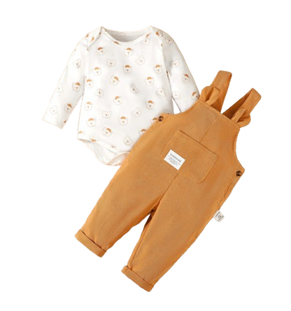 The Darcy - Baby Unisex Orange Bear Print Bodysuit with Overall Fashion