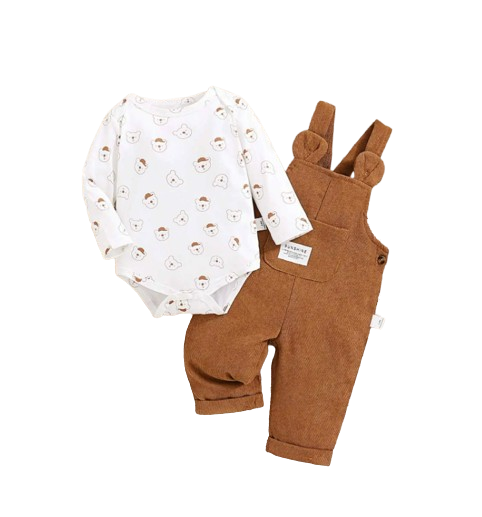 The Darcy - Baby Unisex Light Brown Bear Print Bodysuit with Overall Fashion