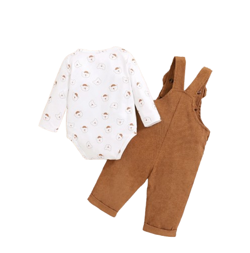 The Darcy - Baby Unisex Light Brown Bear Print Bodysuit with Overall Fashion