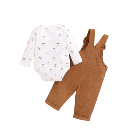 The Darcy - Baby Unisex Light Brown Bear Print Bodysuit with Overall Fashion