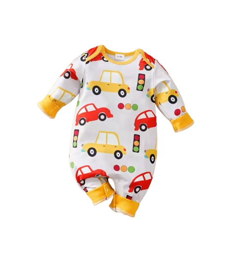 The Maximus - Baby Boy Red & Yellow Cars Print Long Sleeve Romper