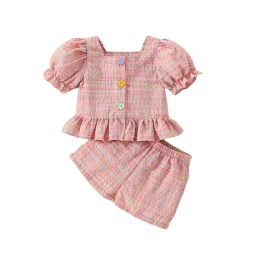 The Maisie - Baby Girl Pink Plaid Colour Bubble Sleeve Top & Shorts Set