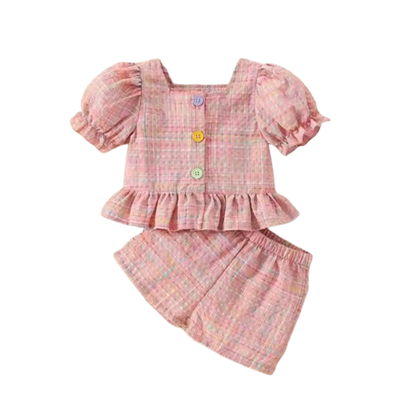 The Maisie - Baby Girl Pink Plaid Colour Bubble Sleeve Top & Shorts Set