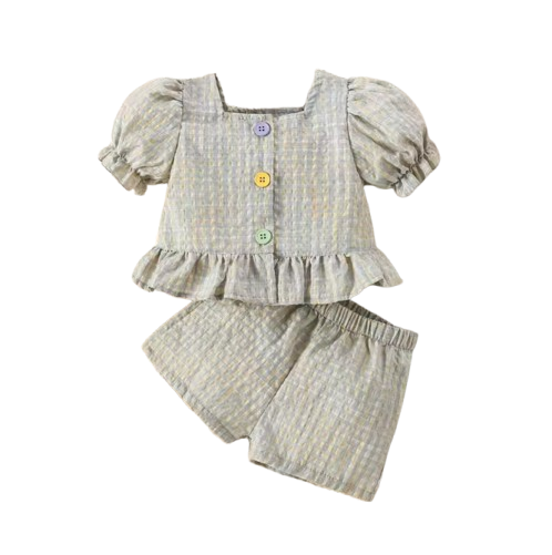 The Maisie - Baby Girl Grey Plaid Colour Bubble Sleeve Top & Shorts Set