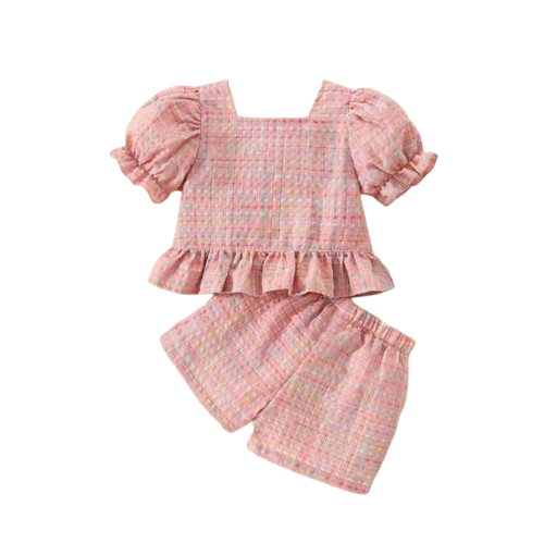 The Maisie - Baby Girl Pink Plaid Colour Bubble Sleeve Top & Shorts Set