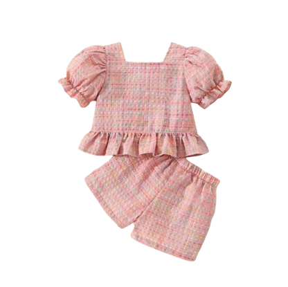 The Maisie - Baby Girl Pink Plaid Colour Bubble Sleeve Top & Shorts Set