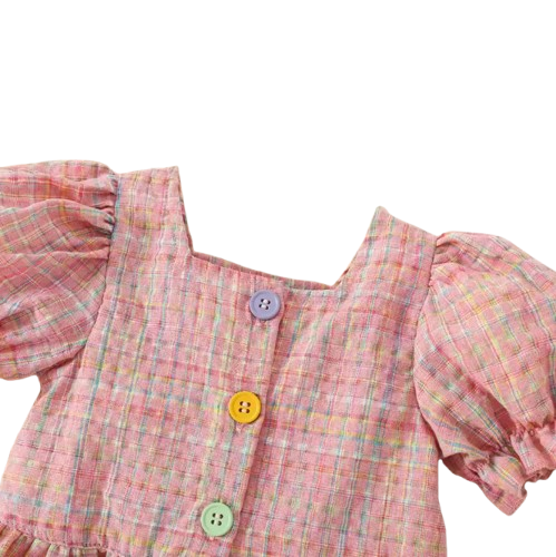 The Maisie - Baby Girl Pink Plaid Colour Bubble Sleeve Top & Shorts Set