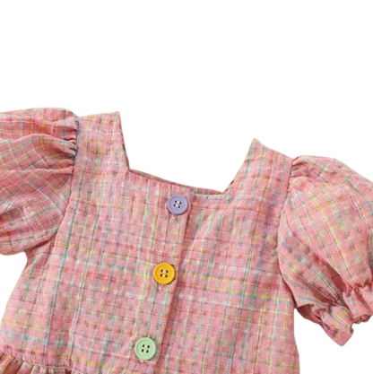 The Maisie - Baby Girl Pink Plaid Colour Bubble Sleeve Top & Shorts Set