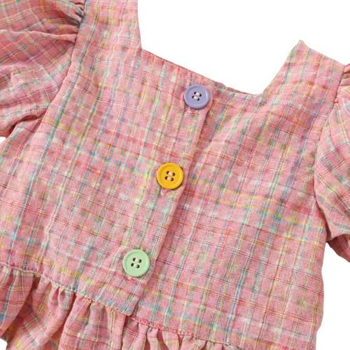 The Maisie - Baby Girl Pink Plaid Colour Bubble Sleeve Top & Shorts Set