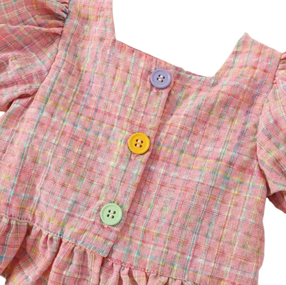 The Maisie - Baby Girl Pink Plaid Colour Bubble Sleeve Top & Shorts Set