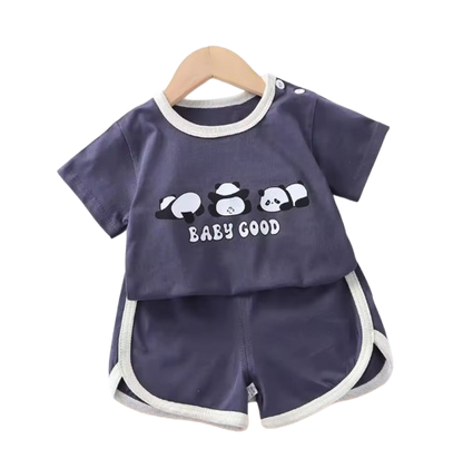 The Clark - Baby Unisex Panda Cartoon Print Blue T-Shirt & Shorts Set