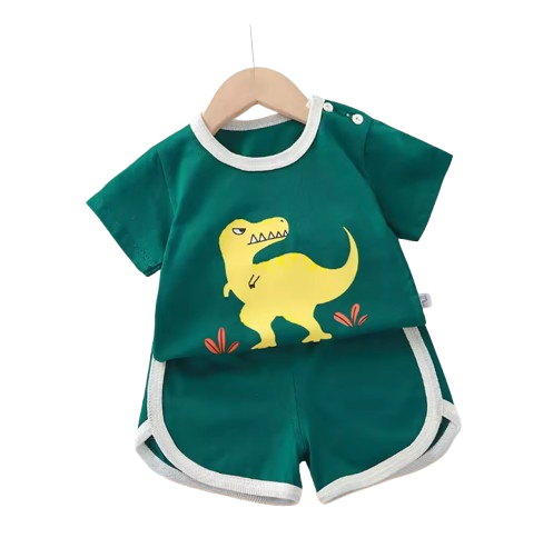 The Clark - Baby Unisex Yellow Dino Cartoon Print Green T-Shirt & Shorts Set