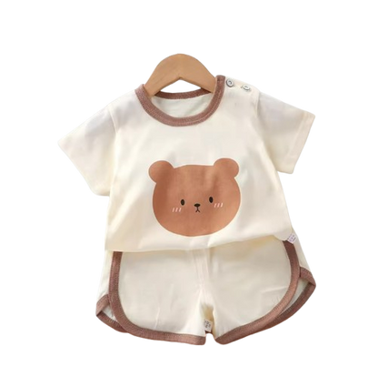The Clark - Baby Unisex Brown Bear Cartoon Print Beige T-Shirt & Shorts Set