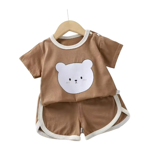 The Clark - Baby Unisex White Bear Cartoon Print Brown T-Shirt & Shorts Set