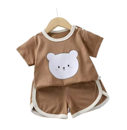 The Clark - Baby Unisex White Bear Cartoon Print Brown T-Shirt & Shorts Set