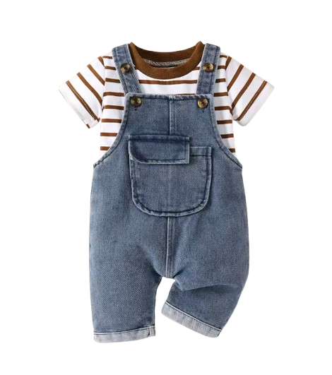 The Kieran - Baby Boy Striped Round Neck Short Sleeve Top and Stylish Pocket Overalls