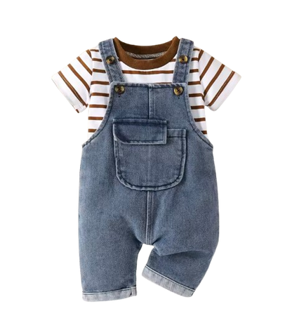 The Kieran - Baby Boy Striped Round Neck Short Sleeve Top and Stylish Pocket Overalls