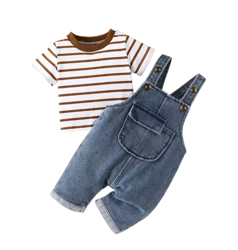 The Kieran - Baby Boy Striped Round Neck Short Sleeve Top and Stylish Pocket Overalls