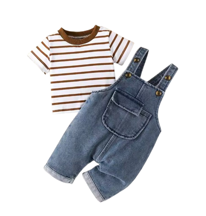 The Kieran - Baby Boy Striped Round Neck Short Sleeve Top and Stylish Pocket Overalls
